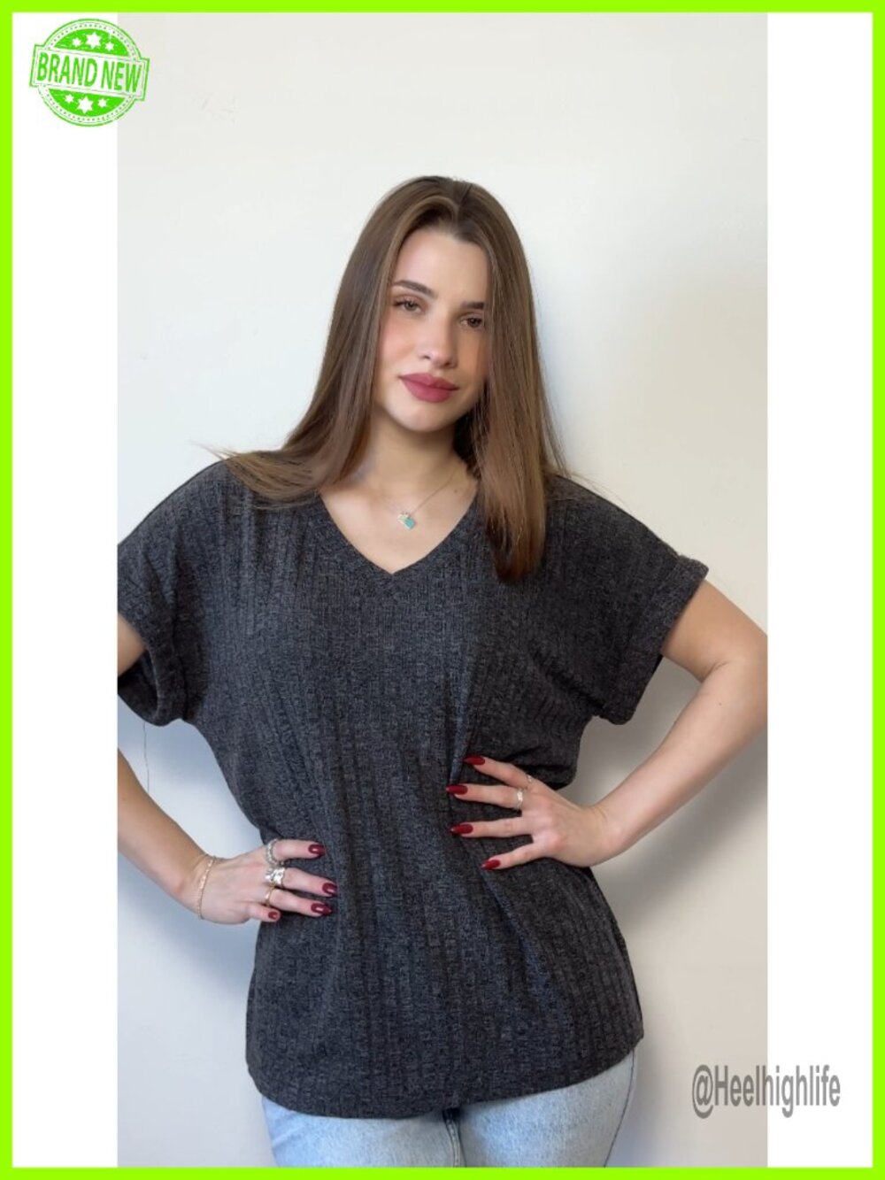V Neck Short Sleeve Sweater Tunic with Side Split, Loose Fit Top - Picture 6 of 7